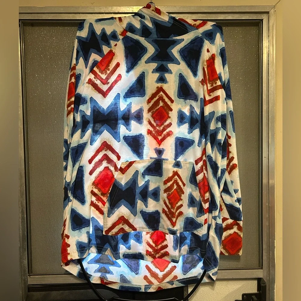 **2/$20** LuLaRoe Red and Blue Geometric Amber hoodie - Picture 1 of 4
